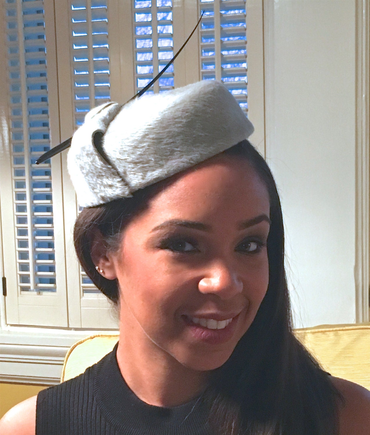 Grey Long Hair Fur Felt Pill Box Hat with Black Quill Spine- Winter Races-Polo Matches Hat-Church Hat-Wedding Hat-Mother of the Bride Hat!