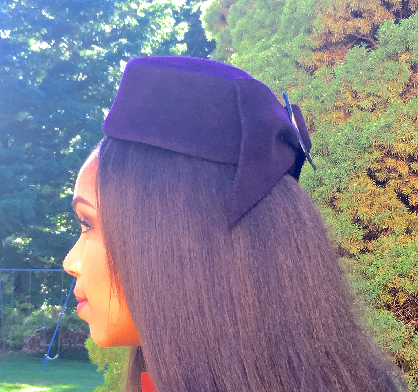 AUBERGINE VELOUR PILLBOX-with bow and vintage buckle-Weddings-Mother of the bride-winter races-Polo matches-holiday hat-fall hat-Purple hat