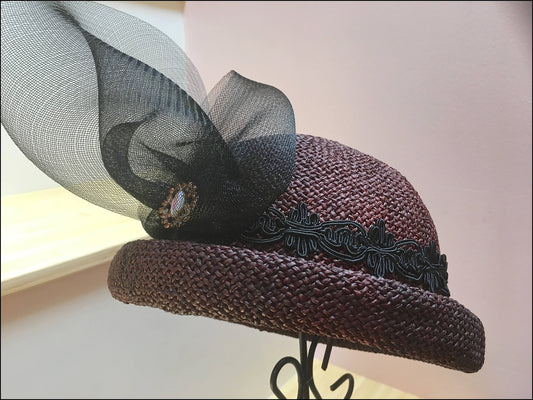 Burgundy Toyo Straw Rolled Brim Hat-Vintage Black Trim- Black Crinoline-Vintage Rhinestone Button-Wedding-Beach-Garden Party-Chic Summer Hat