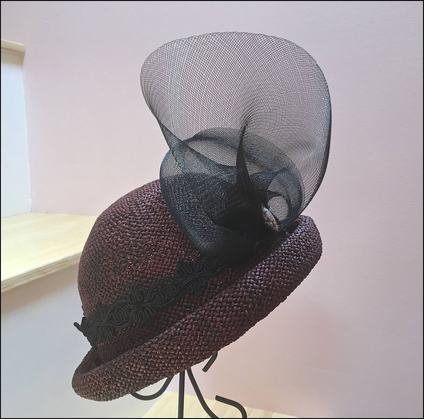 Burgundy Toyo Straw Rolled Brim Hat-Vintage Black Trim- Black Crinoline-Vintage Rhinestone Button-Wedding-Beach-Garden Party-Chic Summer Hat