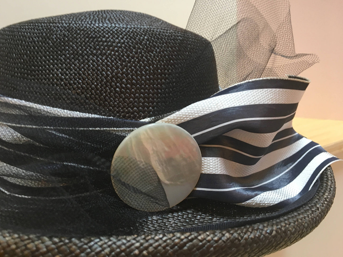 Brown Straw Wide Brimmed Hat-Black trim-Netting-Vintage White and Navy Striped Ribbon-Mother of Pearl Button-Wedding-Sun Hat-Race Track Hat!
