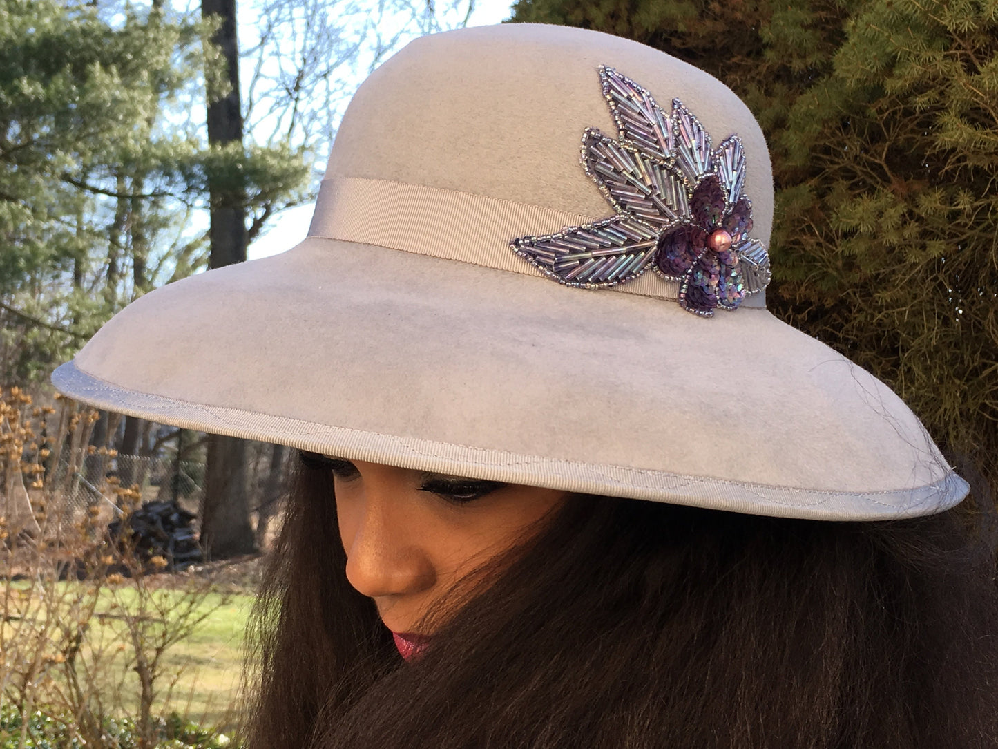 Wide Wavy Brimmed Hat, Grey Velour Hat with Beaded appliqué in Purples and Mauves. Beaded appliqué on Grey Velour hat. Church or wedding hat