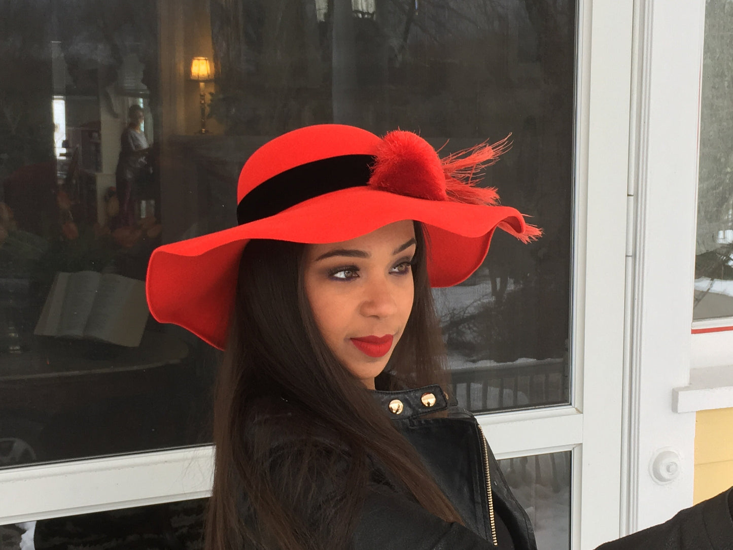 Red Velour Felt Wavy Wide Brim Dress Hat! Red Peacock Feathers-Large Silk PomPom-Church Hat-Christmas Hat-Winter Race Hat-Holiday Party Hat-
