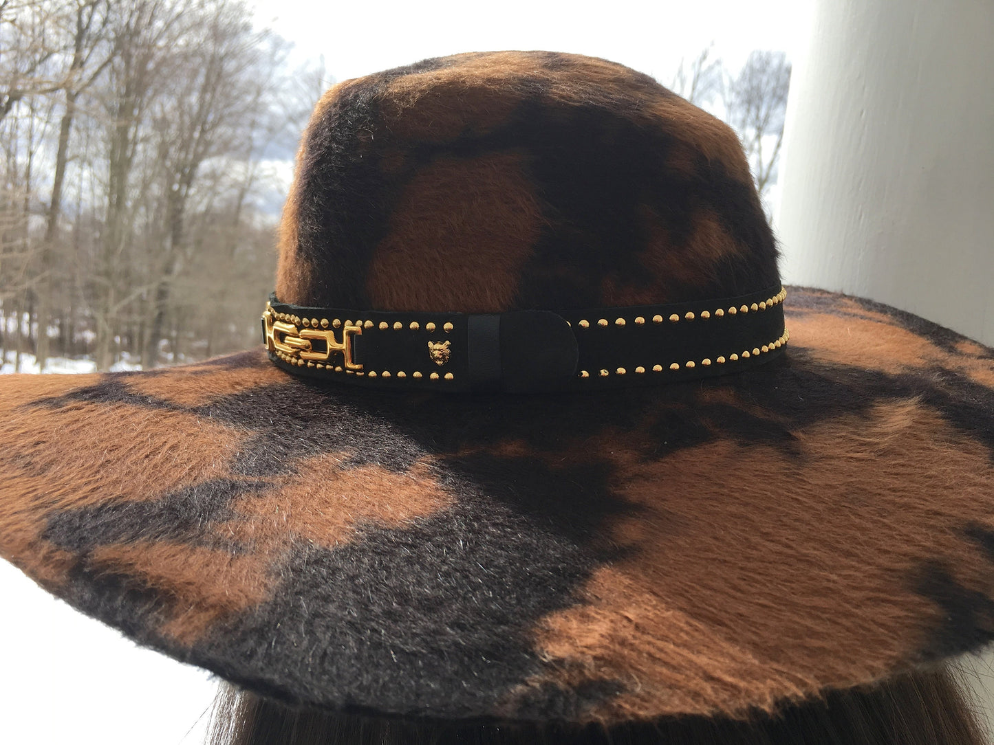 Long Hair Fur Felt Wool Animal Print Western Hat-Brown and Black-Goldtone Buckle trim on Black Suede Hat Band-Casual Chic Hat-Everywhere Hat