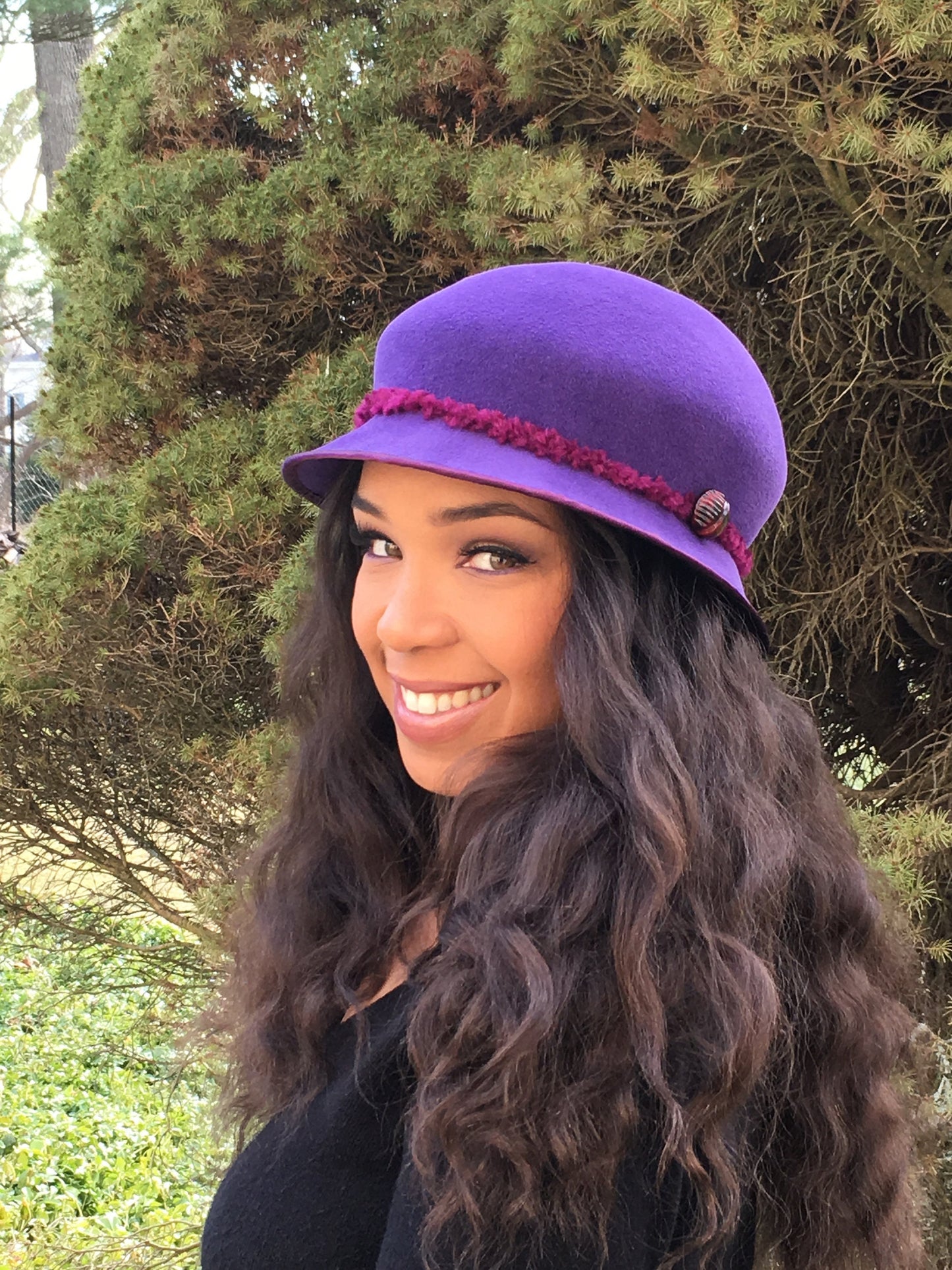 Purple Velour Felt Cloche-Ruby Chenille yarn-Vintage Jewel/Button-Church-Racetrack Hat-Wedding-Winter Races-Handmade Hat-Woman's Hat-Party!