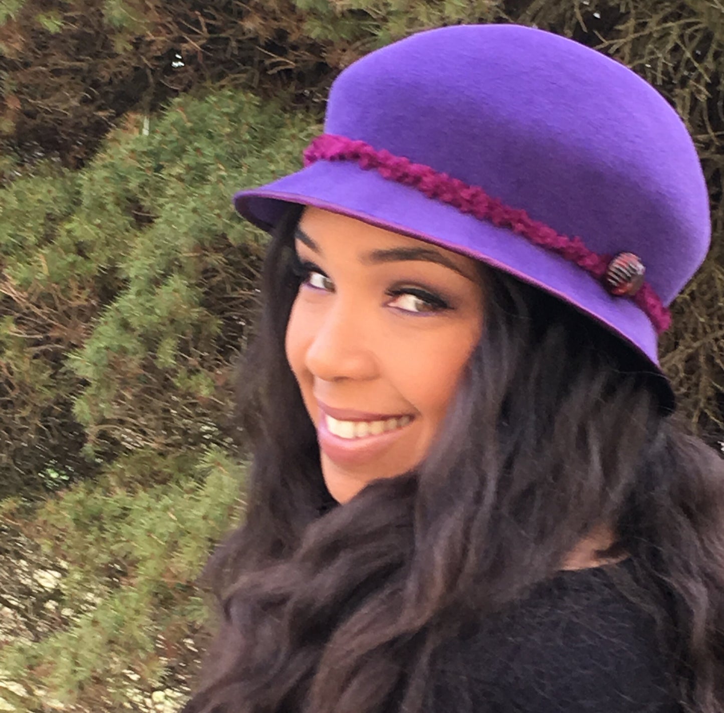 Purple Velour Felt Cloche-Ruby Chenille yarn-Vintage Jewel/Button-Church-Racetrack Hat-Wedding-Winter Races-Handmade Hat-Woman's Hat-Party!