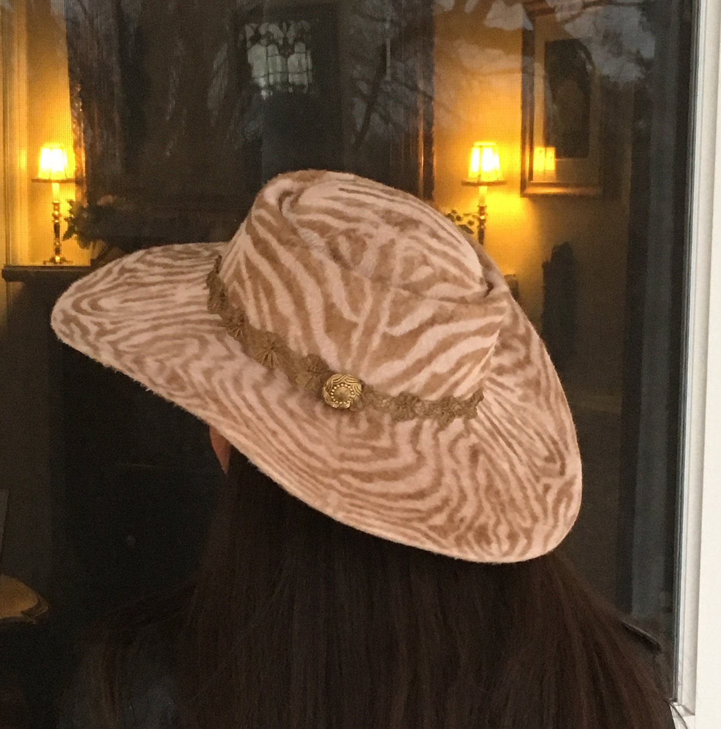 Brown and White Animal Print Velour Felt Hat-Wakanda- Vintage metallic Gold trim band-Winter Dress Hat-Party Hat-Race Track Hat-Custom Hat!