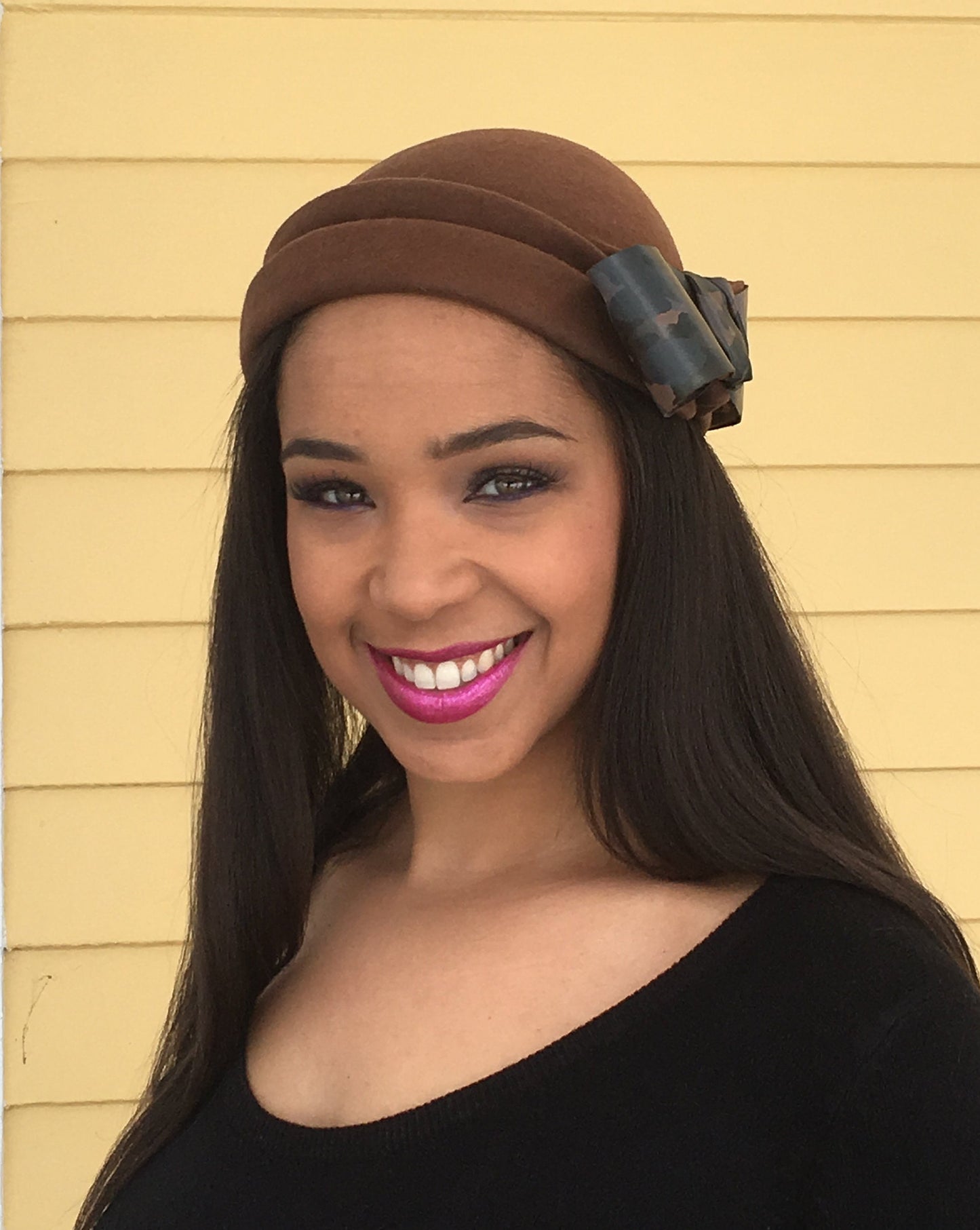 Rich Brown Taupe Wool Felt Sculptured hat with Leather Camouflage Bow. Chic Fall and Winter Hat-Fall Races-Saratoga- Polo Matches-Church Hat