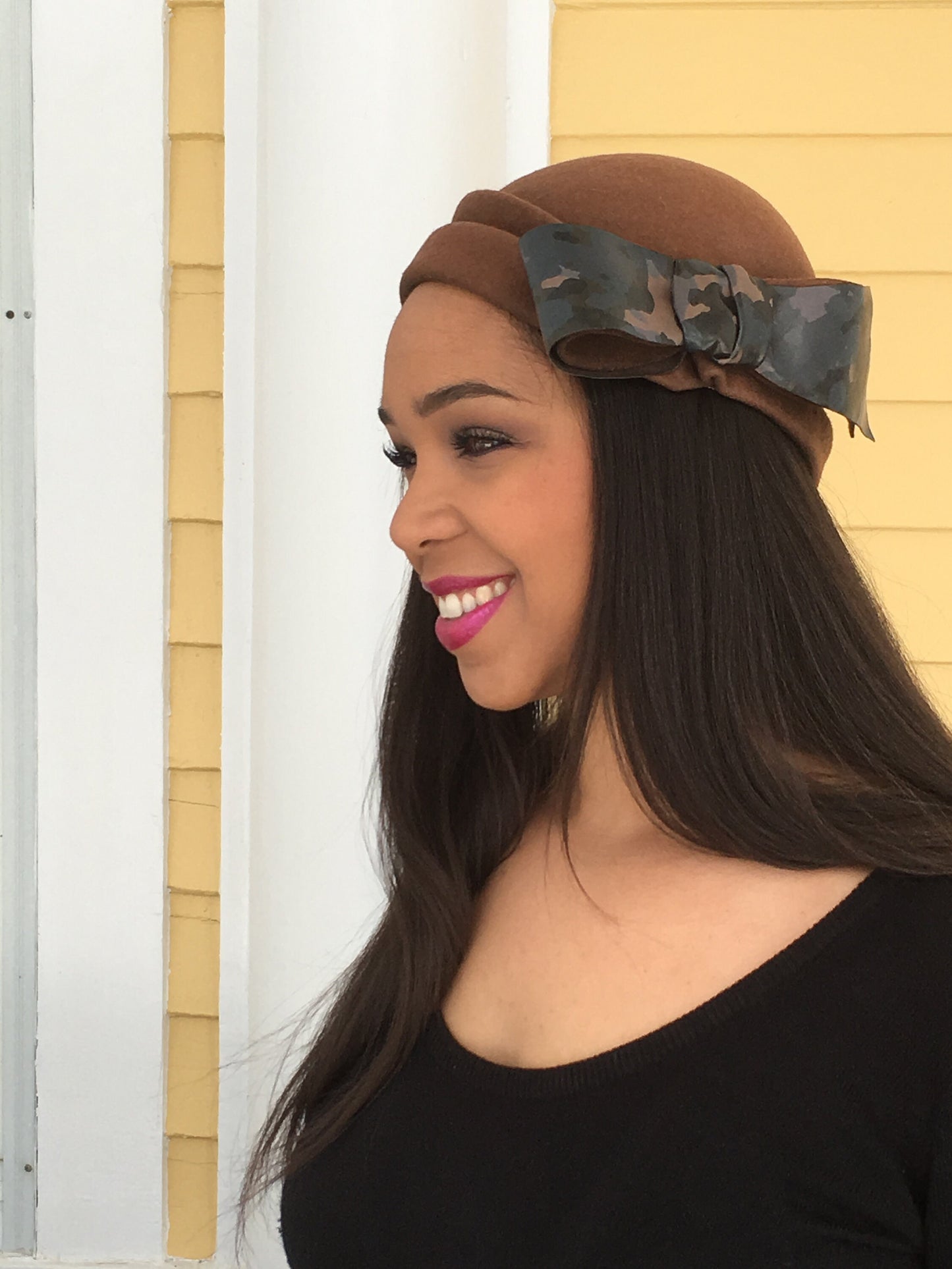Rich Brown Taupe Wool Felt Sculptured hat with Leather Camouflage Bow. Chic Fall and Winter Hat-Fall Races-Saratoga- Polo Matches-Church Hat