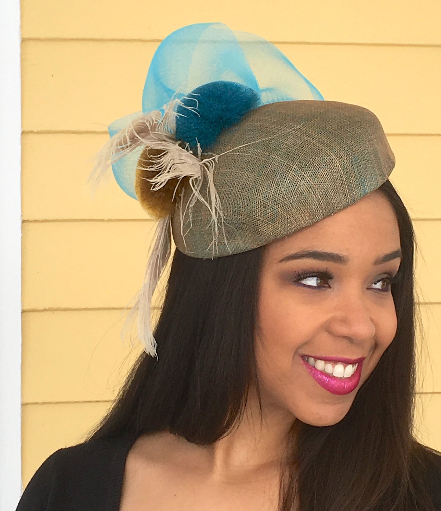 Taupe and Turquoise Sinamay Pill Box Hat-Silk Pom Poms-Peacock feathers-Crinoline-Race Track hat-Party hat-Royal Ascot-Belmount-Preakness