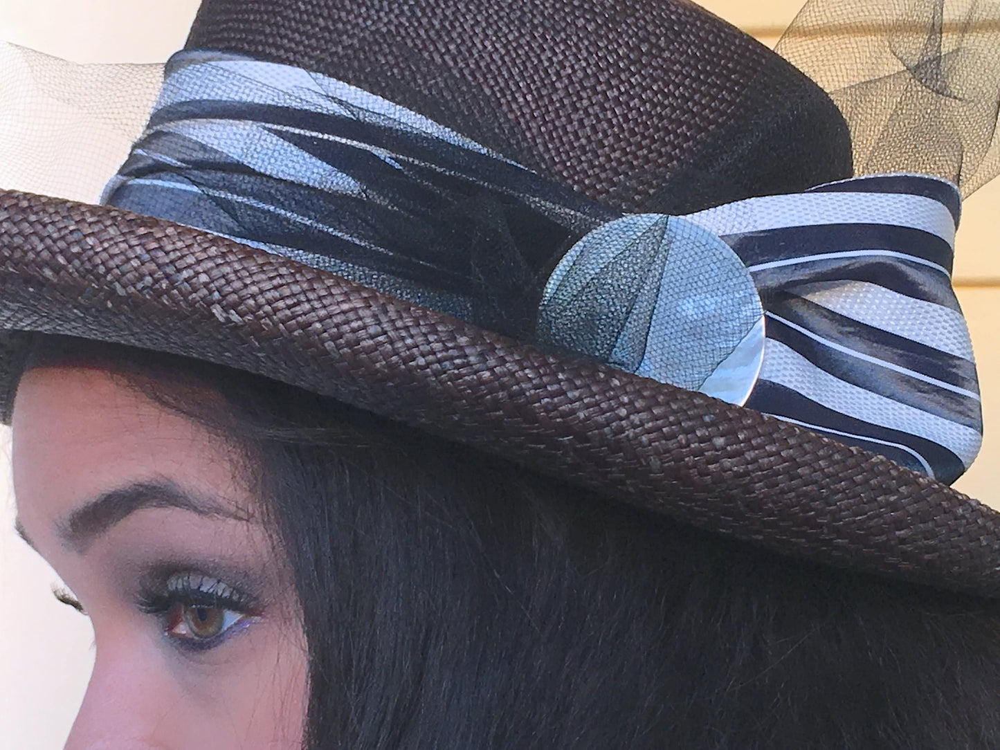 Brown Straw Wide Brimmed Hat-Black trim-Netting-Vintage White and Navy Striped Ribbon-Mother of Pearl Button-Wedding-Sun Hat-Race Track Hat!