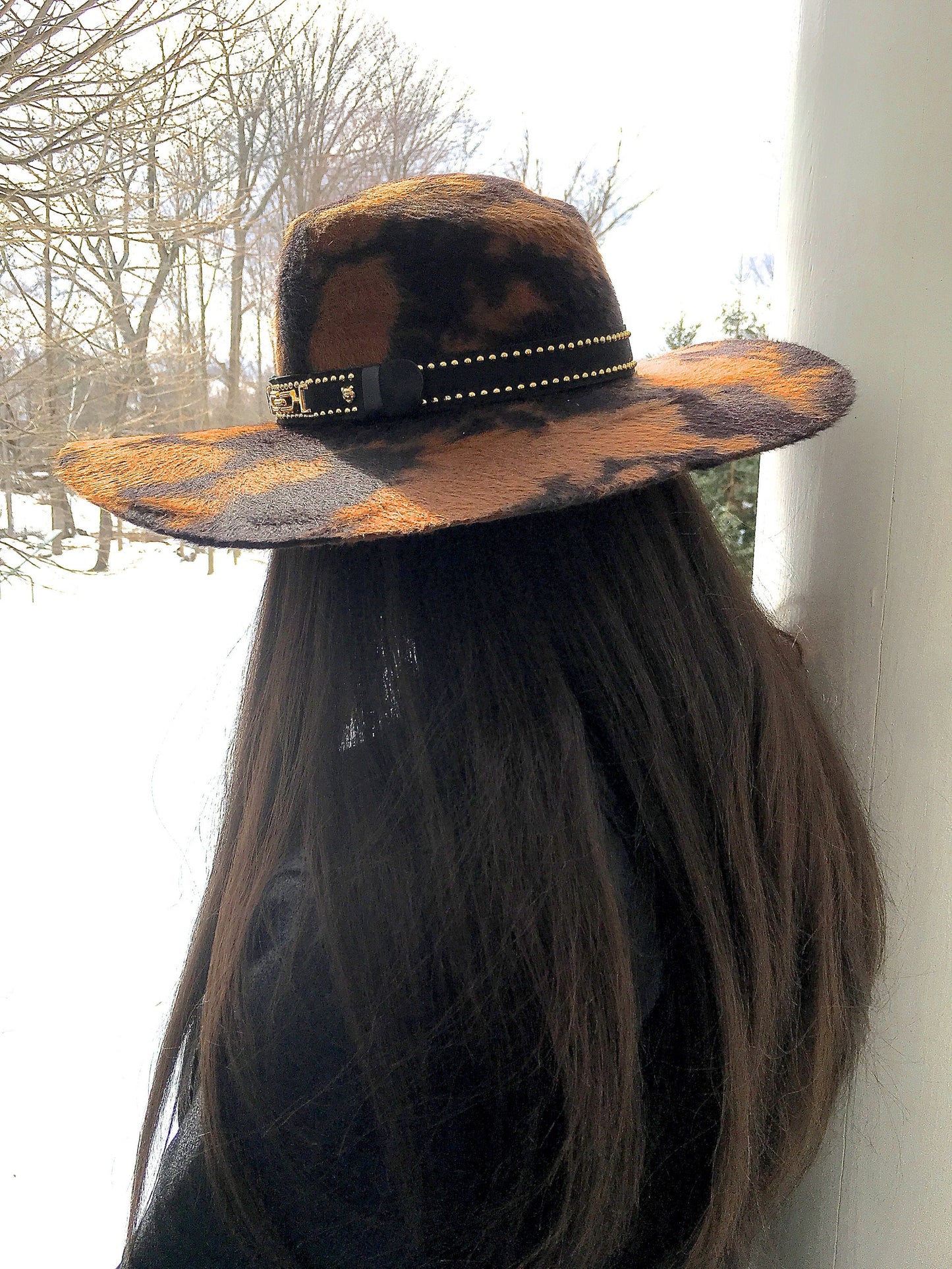 Long Hair Fur Felt Wool Animal Print Western Hat-Brown and Black-Goldtone Buckle trim on Black Suede Hat Band-Casual Chic Hat-Everywhere Hat
