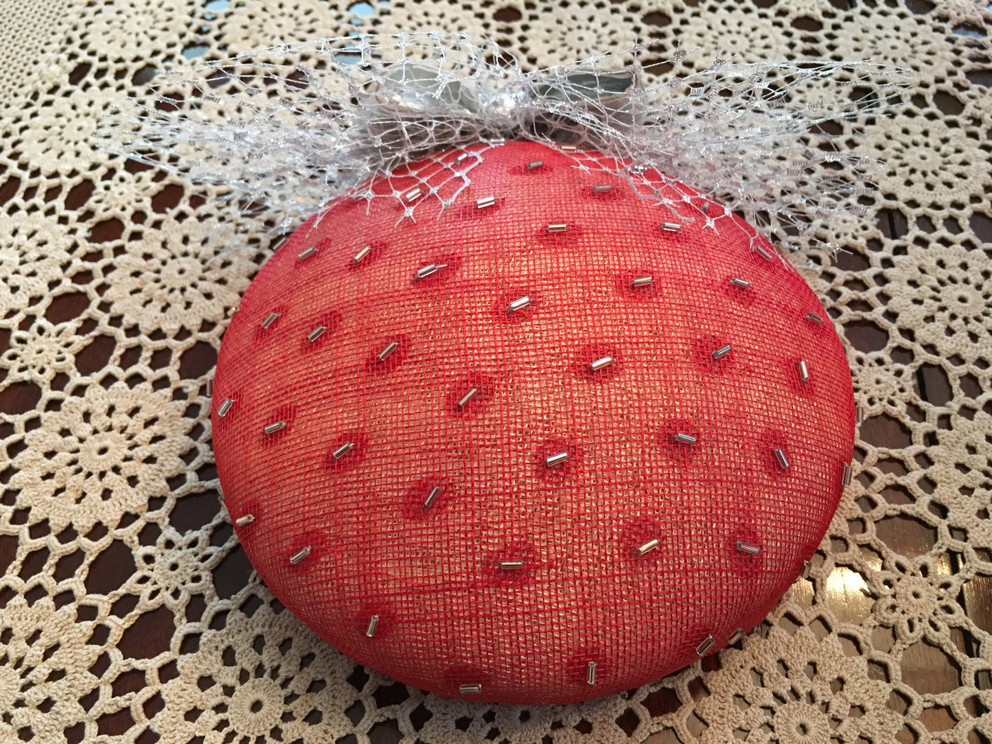 Red and Silver Leather Pill Box Sinamay Hat-Party-Christmas-Racetrack Hat-Royal Ascot Hat-Preakness-Belmount-Christening-Wedding-Bride-Red !
