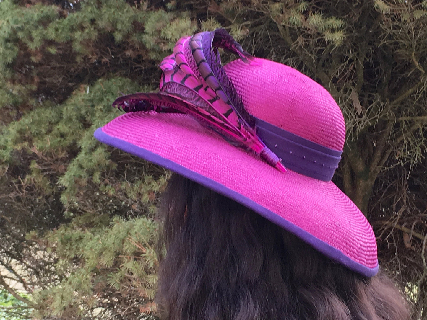 Fuchsia Pink Parasisal Straw Wide Brimmed hat-Purple PinkPheasant Feathers-Royal Ascot Hat-Belmount-Preakness-Kentiucky Derby- Wedding Hat !