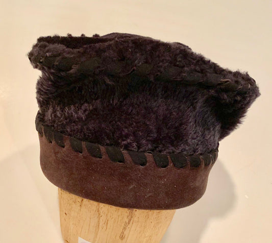 Black and Brown shearling leather hat with black leather lashing-warm winter hat-unisex hat-size Medium