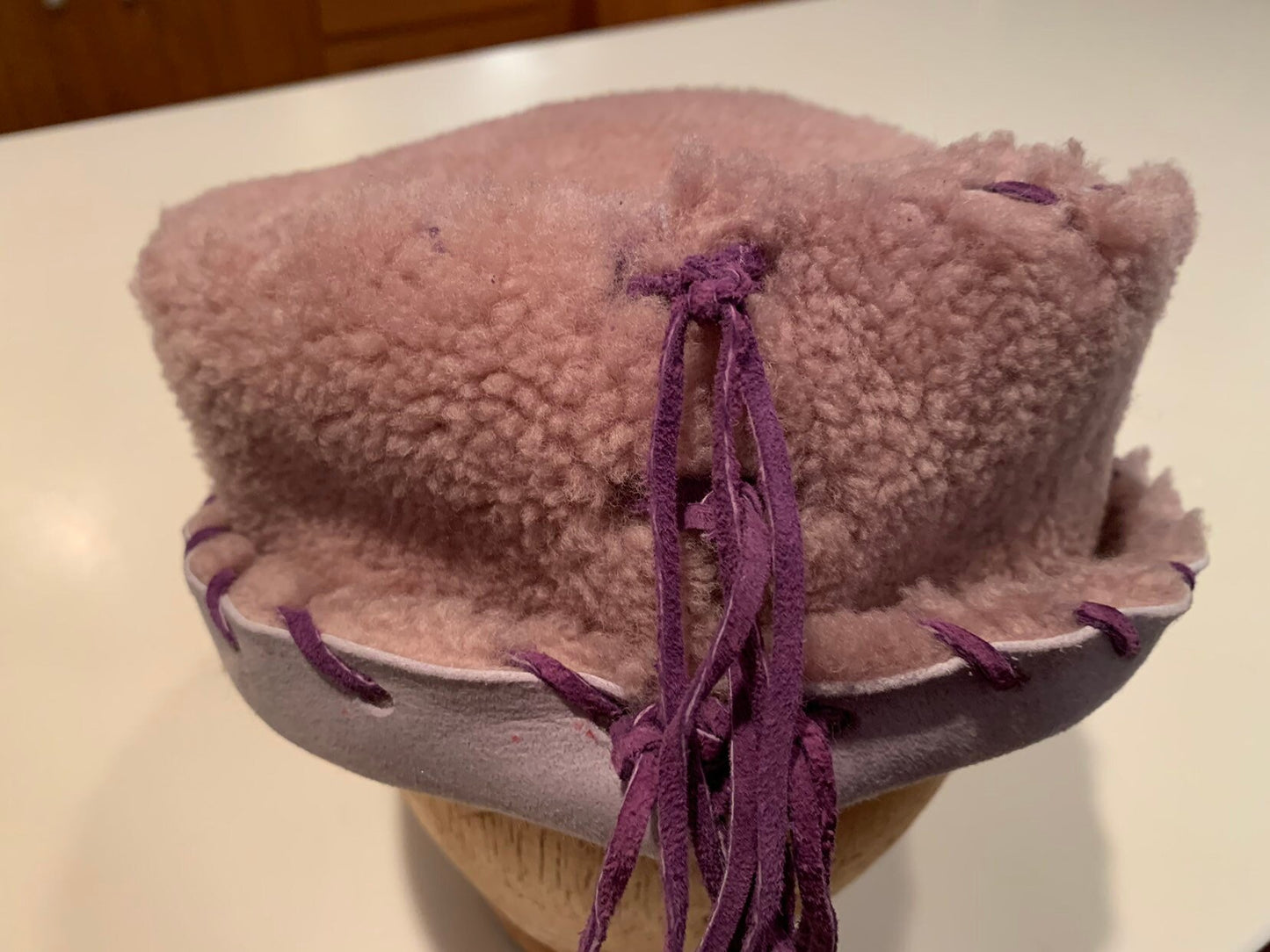 Verigated Pink and Grey Shearling Hat-Purple leather lashing-Handmade- Warm-Great Gift- Winter Racetrack Hat- Birthday Gift!Young girls hat!