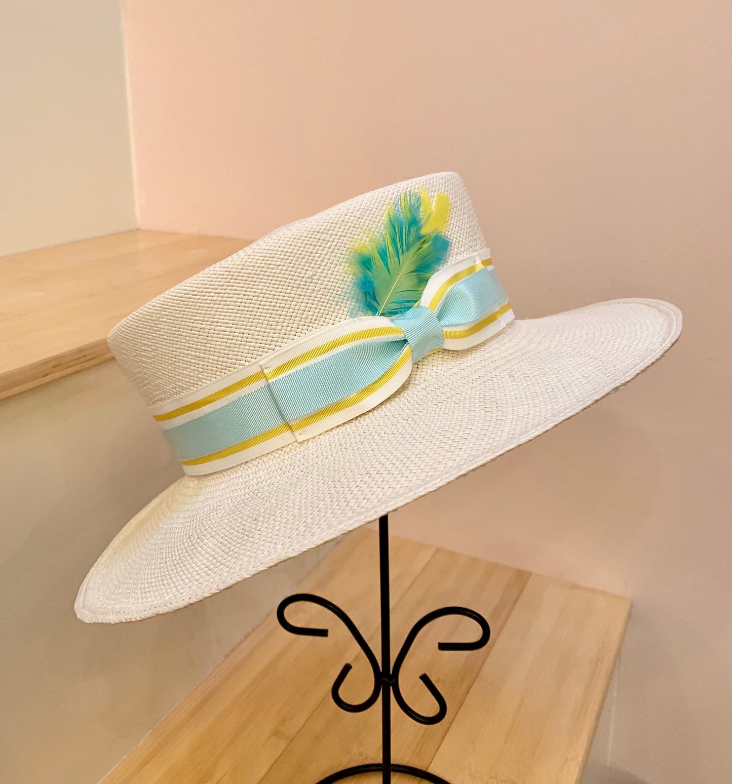 Equidorian Straw Pork Pie Hat- Unisex- Summer hat-Race Track Hat-Men’s Hat- Yellow and Turquoise trim hat-22.5” to 23”-Hat-Custom Made Hat !