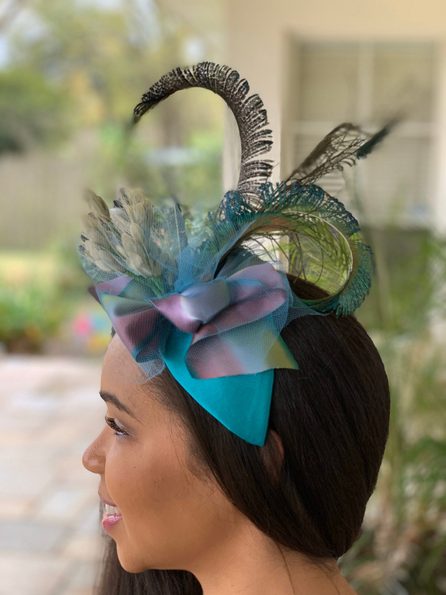 Turquoise Fascinator, Brides maids headpiece, Mother of the Bride, Summer party headpiece or Cocktail Party. Peacock swords and silk ribbon