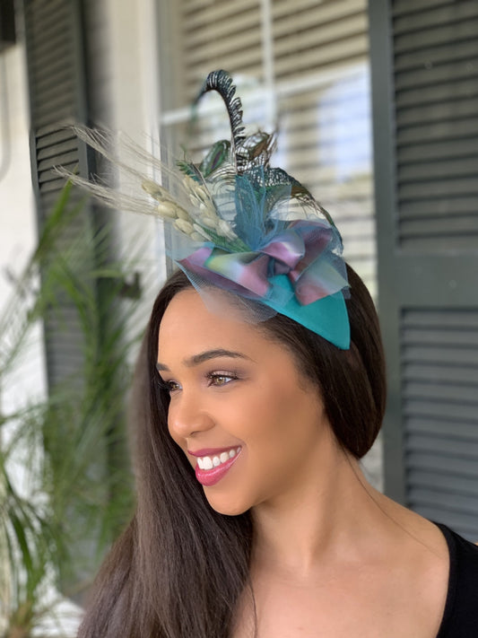 Turquoise Fascinator, Brides maids headpiece, Mother of the Bride, Summer party headpiece or Cocktail Party. Peacock swords and silk ribbon