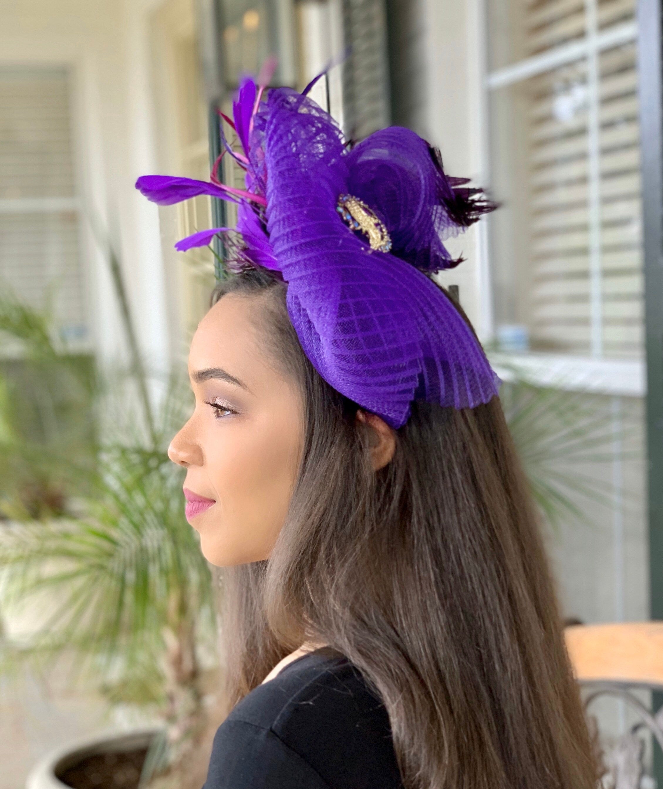 Purple air hostess fascinator with loops, magenta flowers hotsell and feathers!