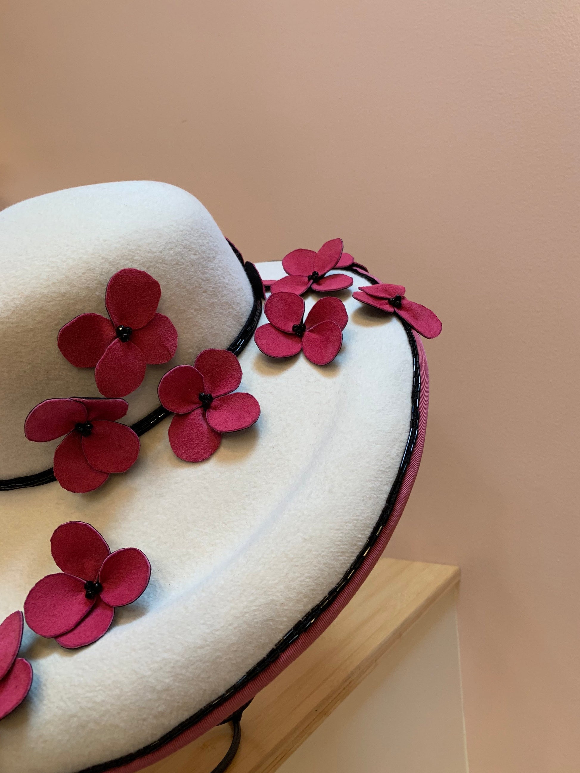 White Wide Brim Velour Hat-Hand made Pink leather flowers-Wedding-Polo-Racetrack Hat-Custom Made Hat-White Hat-Unique Hat-Pink-Garden Party