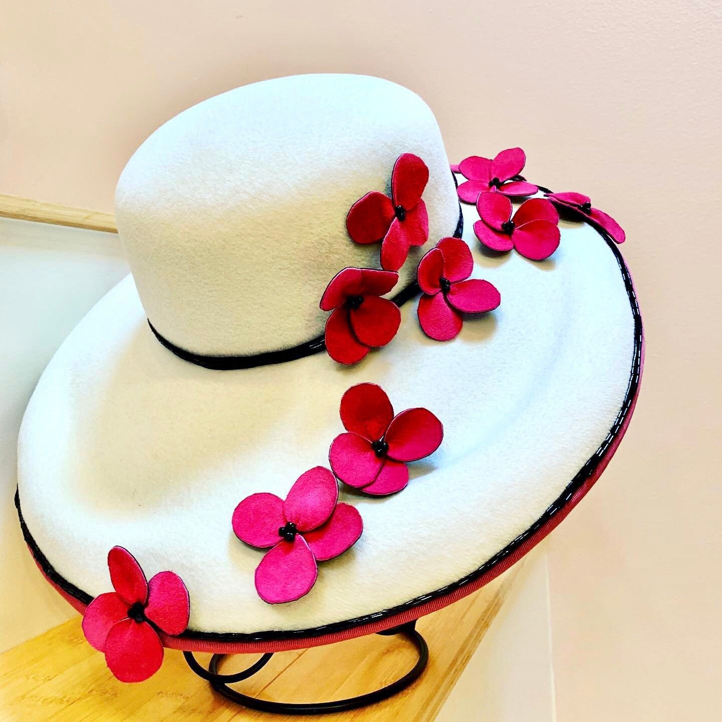White Wide Brim Velour Hat-Hand made Pink leather flowers-Wedding-Polo-Racetrack Hat-Custom Made Hat-White Hat-Unique Hat-Pink-Garden Party