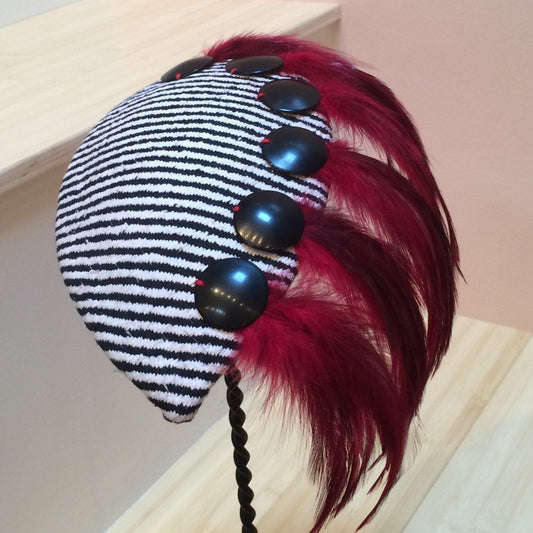 Black and White striped Fascinator, Hat with deep Red feather Trim, Holiday Fascinator or Derby Race Hat-Christmas hat-Wedding headpiece-Red