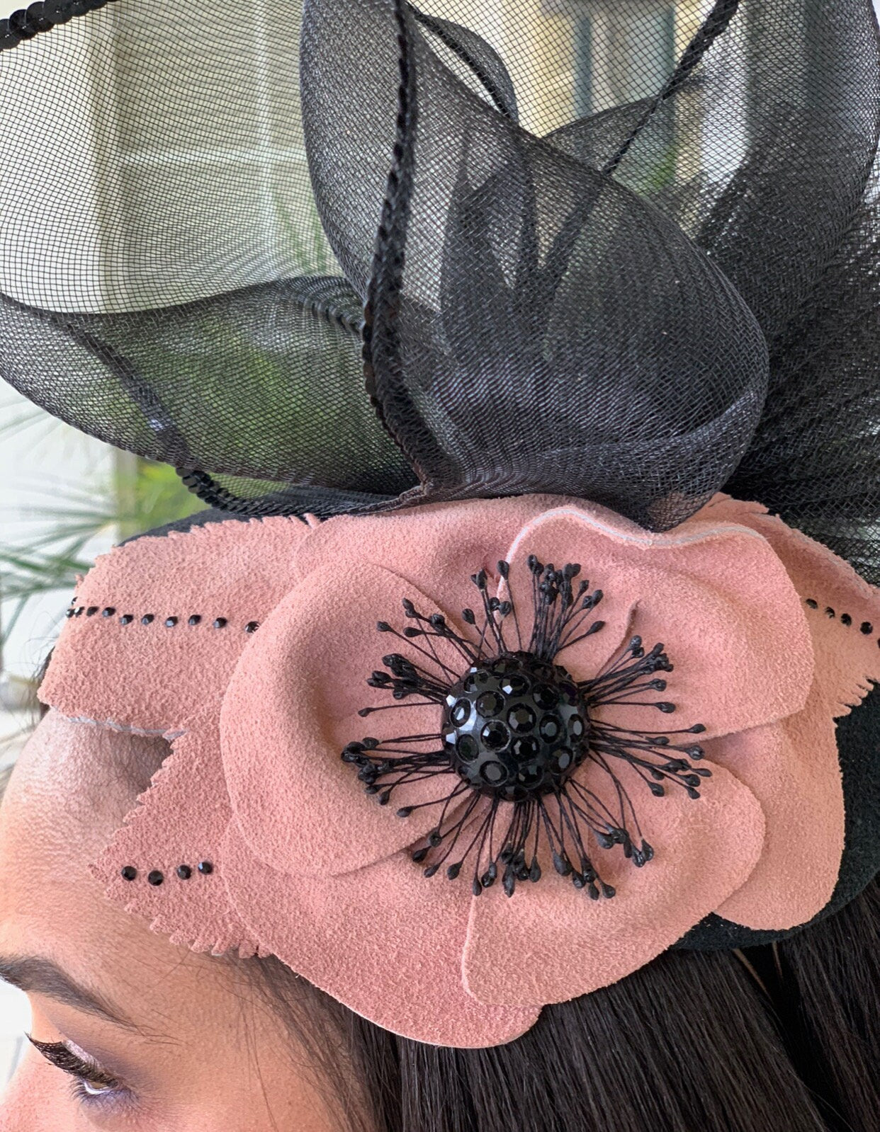 Fascinators  for wedding, Pink Suede Fascinator, Black and Marsala headpiece. Mother of the Bride hat. Winter wedding headpiece in suede