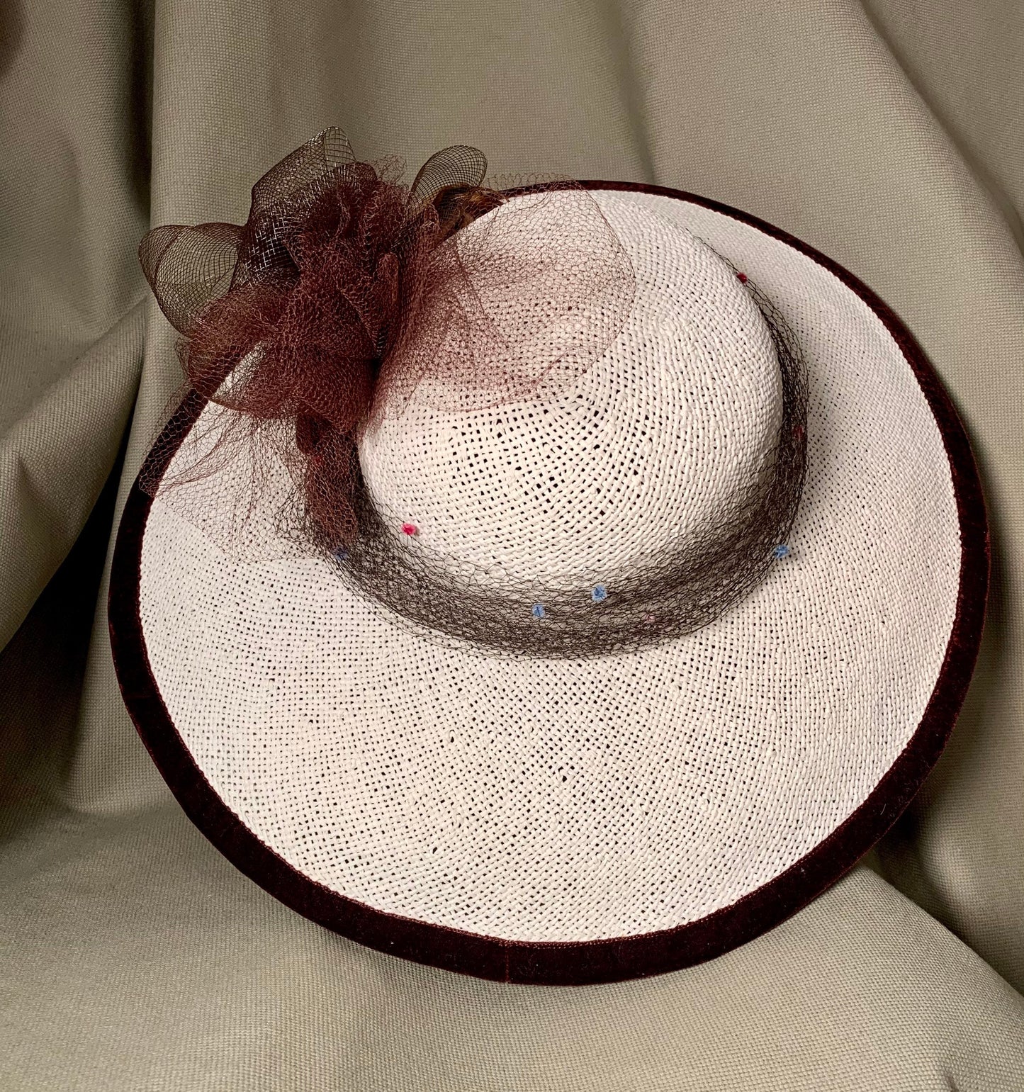 Ivory straw wide brim hat- Brown trim of feathers and netting-Vintage veiling on band-Kentucky Derby-Polo-Ascot-Belmont-Preakness Race Hats