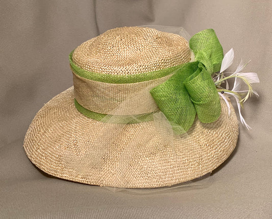 Natural knitted straw with Green Bow and white feathers-Church hat-Kentucky Derby-Polo-Garden Party- Luncheon-Wedding