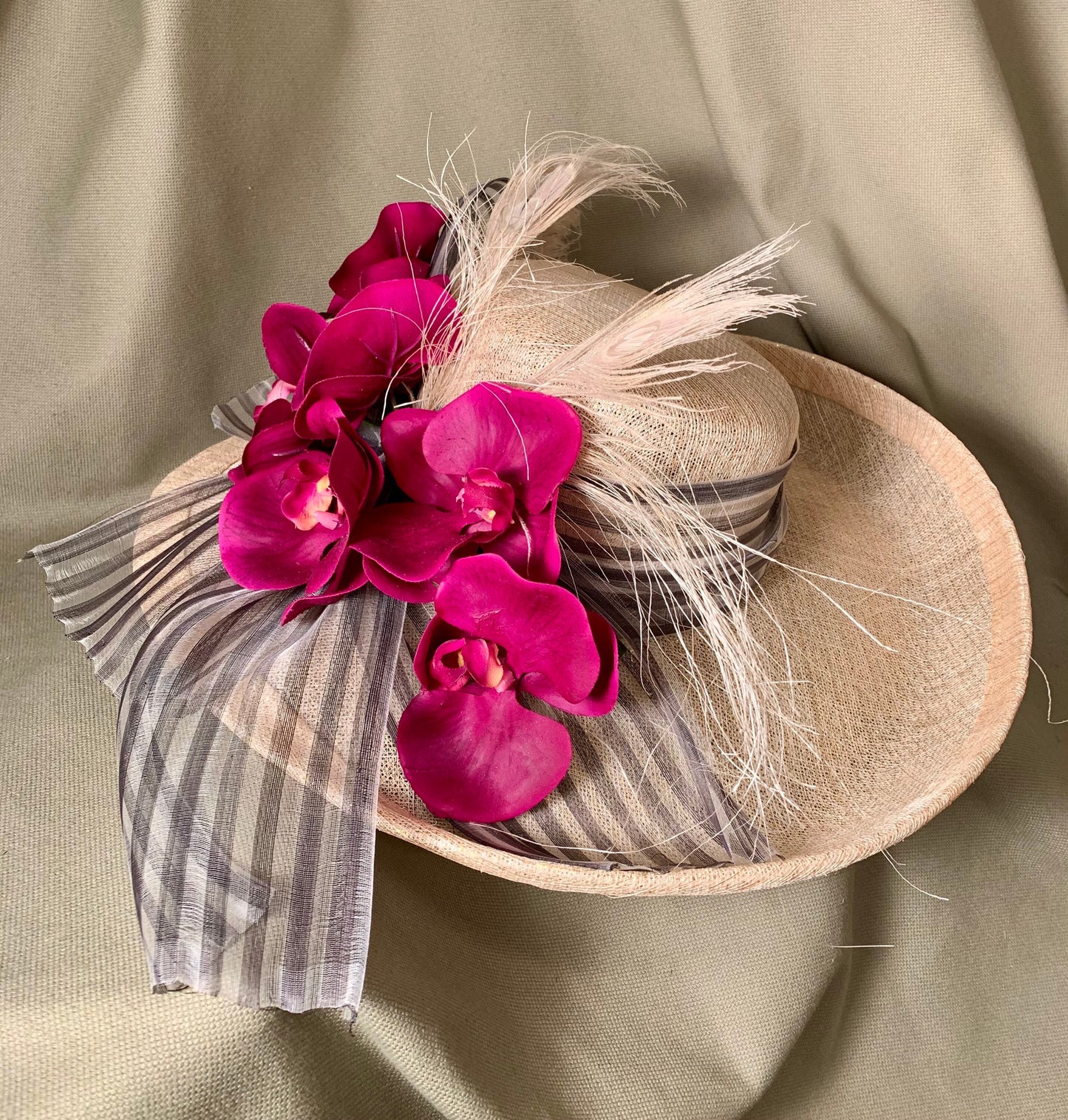 Kentucky Derby Winner ! Ivory sinamay-Violet Orchids and black white striped organza ribbon. Polo-Preakness-Belmont-Ascot- Saratoga Race Hat