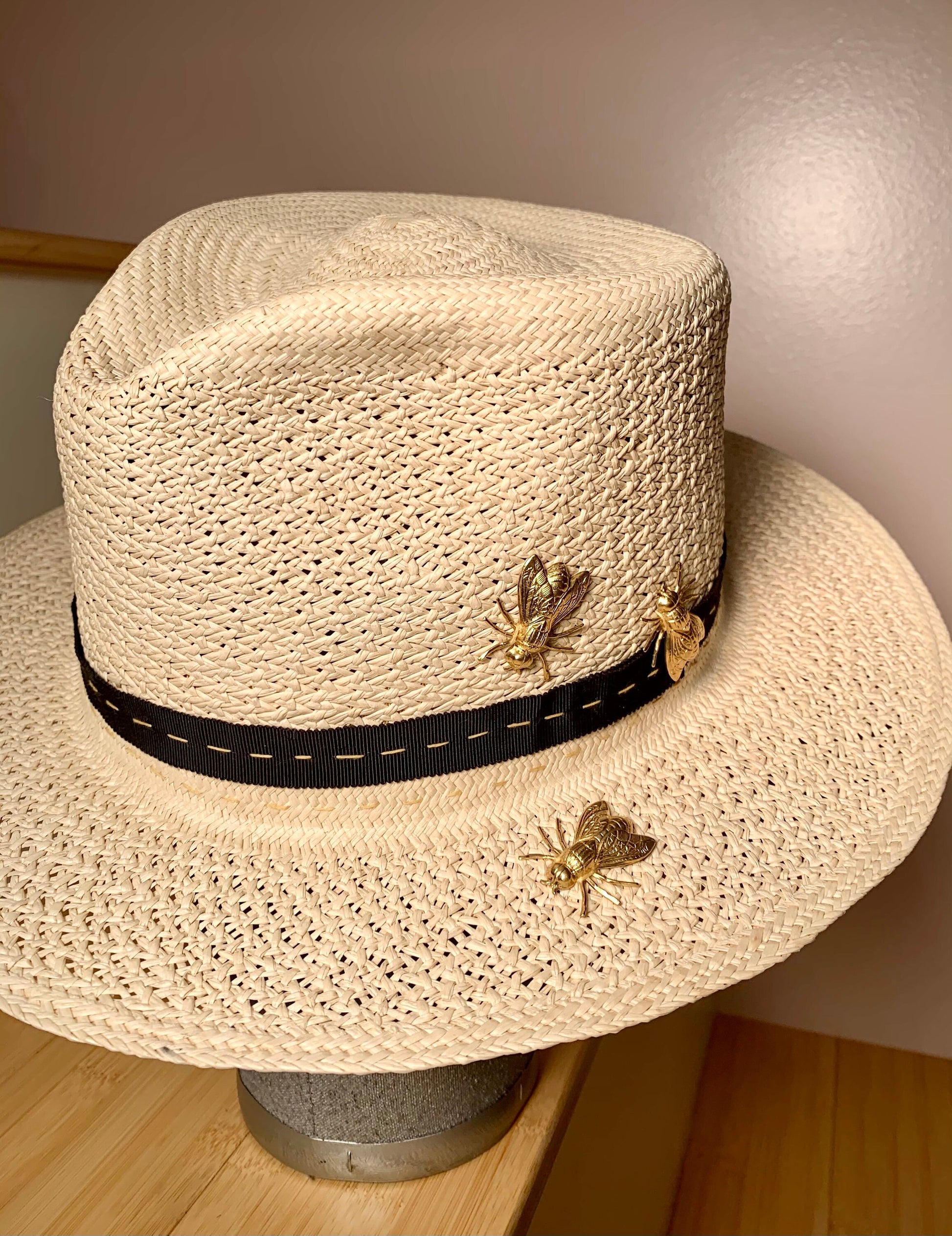 Natural Straw Fedora-Gold Bees adornments-Go To Hat-Summer Fedora
