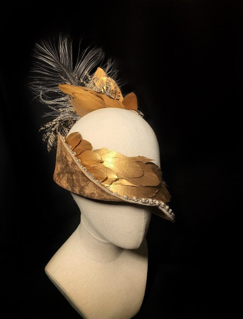 Great Gatsby! Luscious ivory velour cloche, gilded gold feathers, rhinestone and pearls, ostrich, Lady Amherst Pheasant and peacock feathers