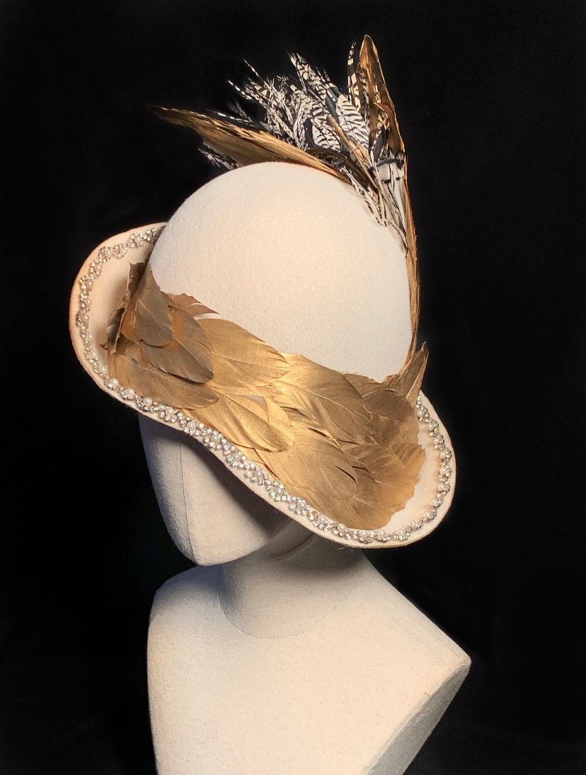 Great Gatsby! Luscious ivory velour cloche, gilded gold feathers, rhinestone and pearls, ostrich, Lady Amherst Pheasant and peacock feathers