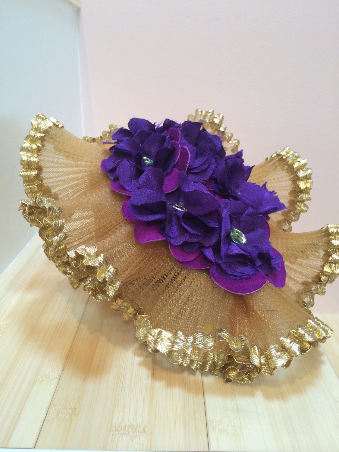 Gold and Purple Frilly Fascinator, Mardi Gras hat, Carnival headpiece with Purple Flowers and Green gems. Perfect Special Occasion Party Hat