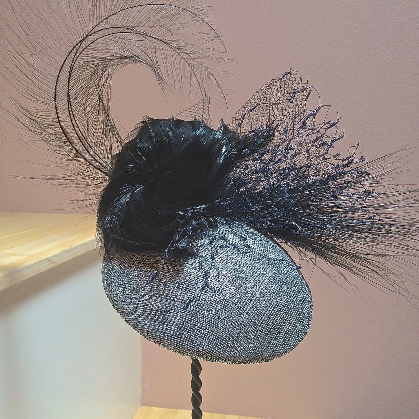 Silver sinamay fascinator, headpiece with black feathers and netting, Wedding headpiece, Mother of the Bride, Brides Maids, Cocktail Party!