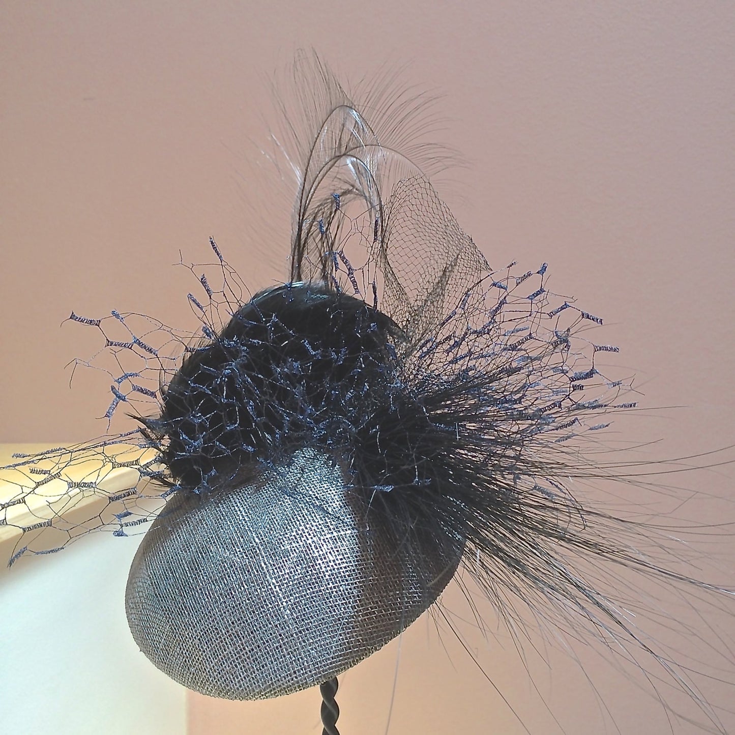 Silver sinamay fascinator, headpiece with black feathers and netting, Wedding headpiece, Mother of the Bride, Brides Maids, Cocktail Party!