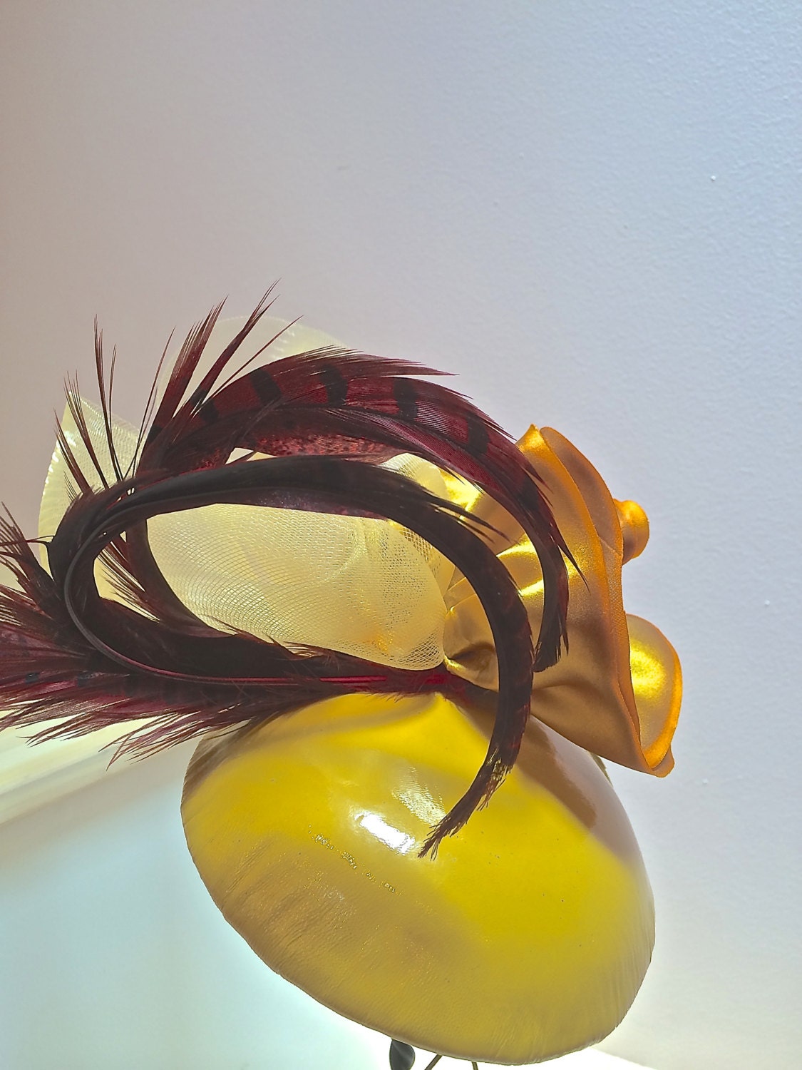 Yellow Patent Leather Fascinator, Headpiece with Yellow Silk ribbon and Red feathers, Summer Party Hat! Wedding hat or Cocktail Evening Hat.