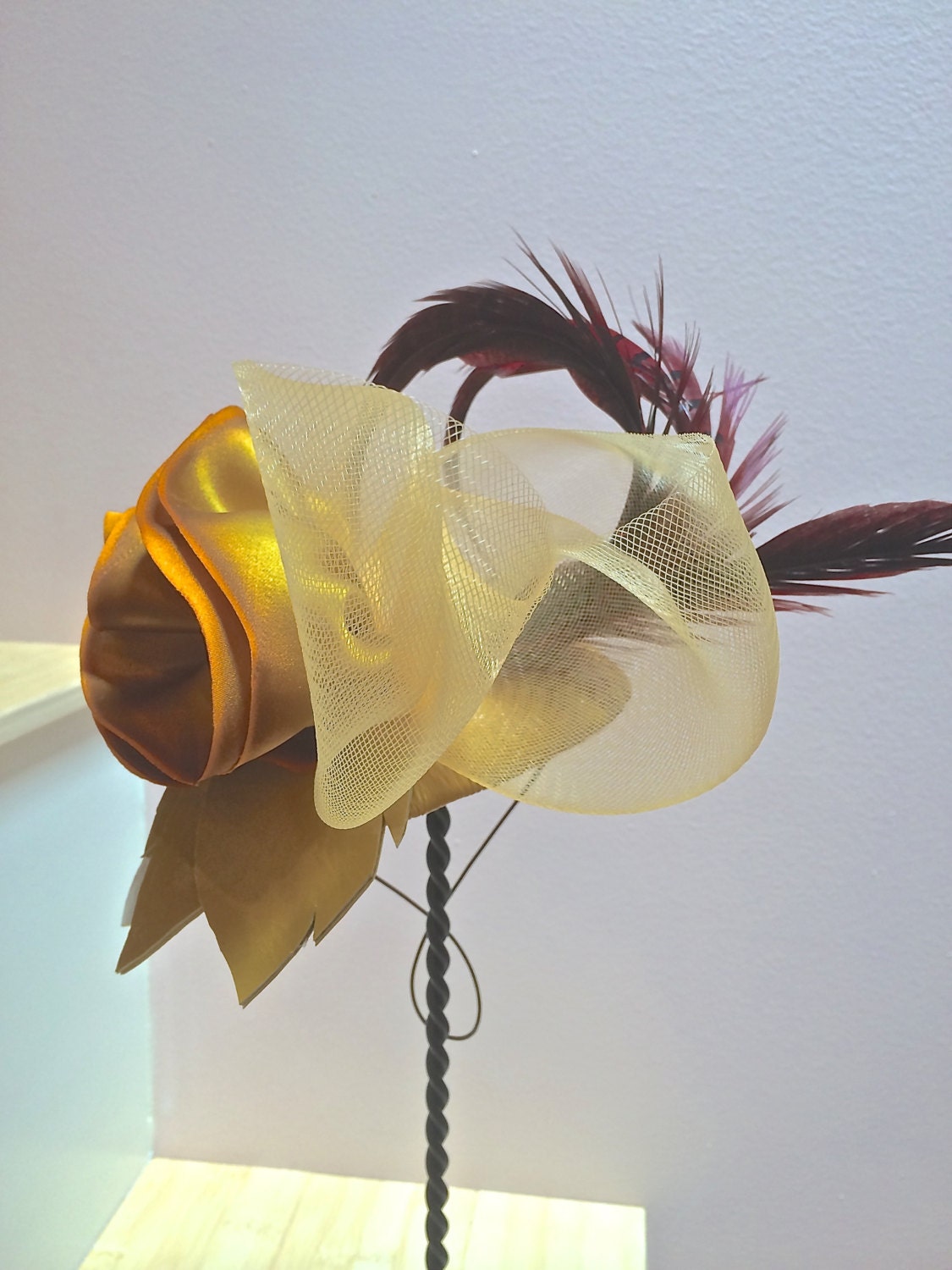 Yellow Patent Leather Fascinator, Headpiece with Yellow Silk ribbon and Red feathers, Summer Party Hat! Wedding hat or Cocktail Evening Hat.