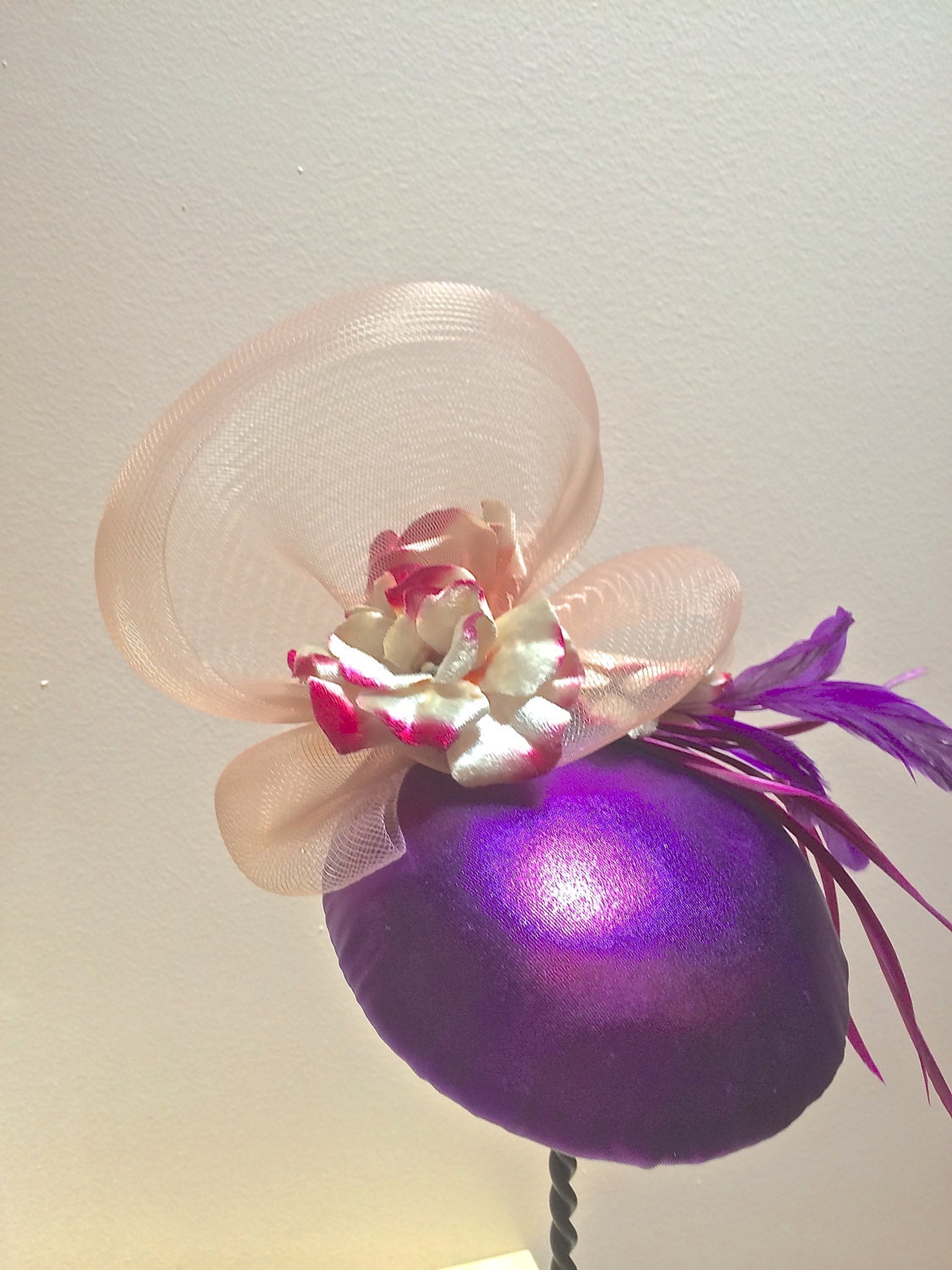 Radiant Orchid Fascinator, Purple fabric covered Fascinator with Crinoline and feathers, Wedding hat or Evening Cocktail Hat
