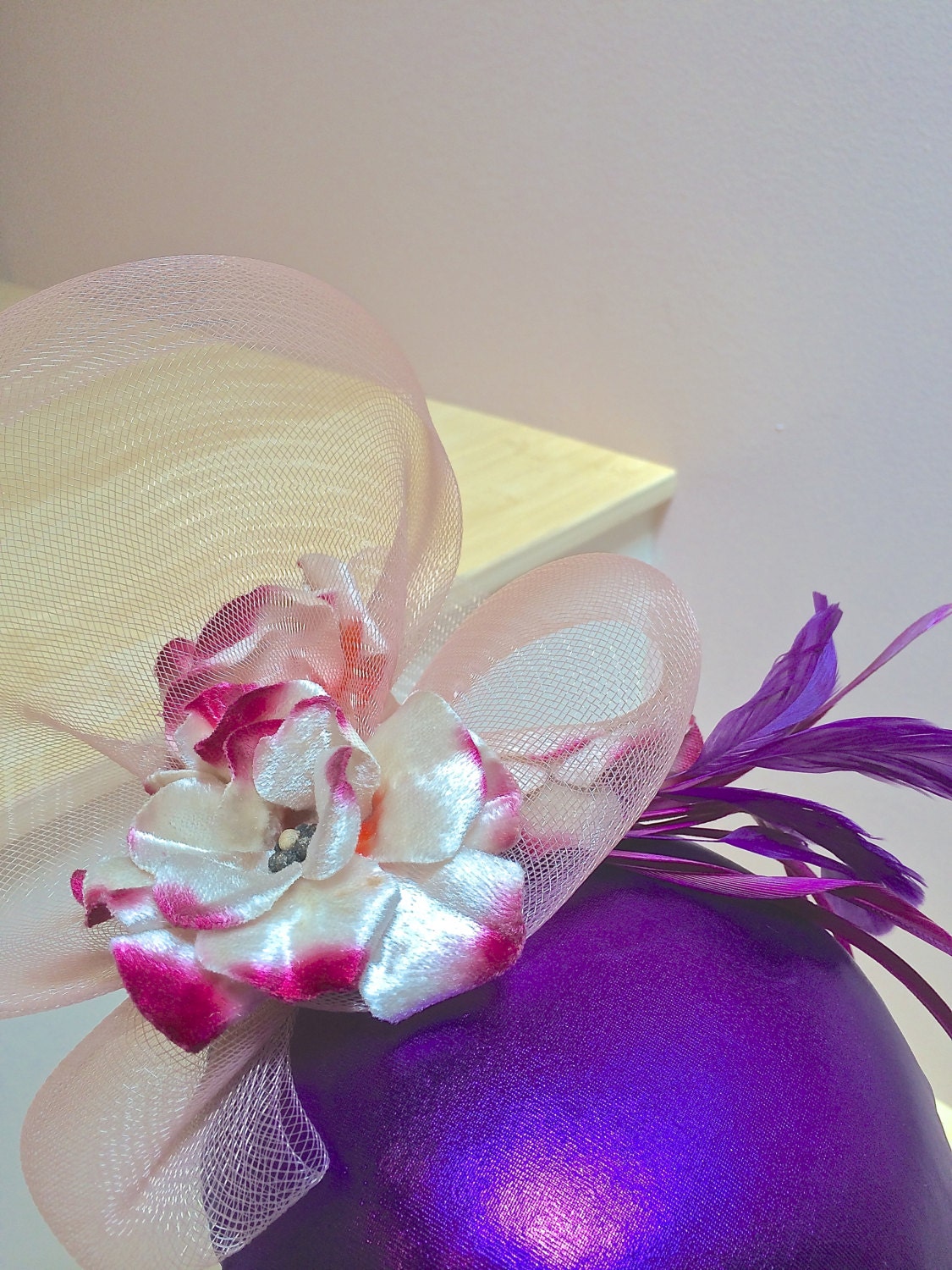 Radiant Orchid Fascinator, Purple fabric covered Fascinator with Crinoline and feathers, Wedding hat or Evening Cocktail Hat