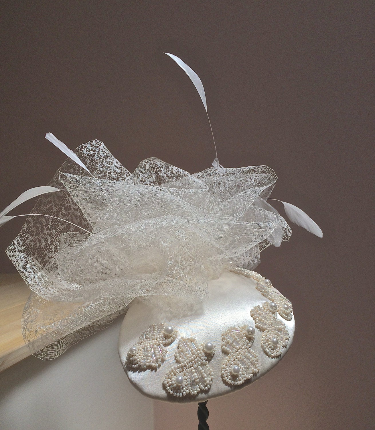 Ivory Satin Fascinator with Beaded Pearls, Wedding Headpiece, Bridal headdress in Ivory. Vintage veiling on Ivory Satin, beads and Feathers