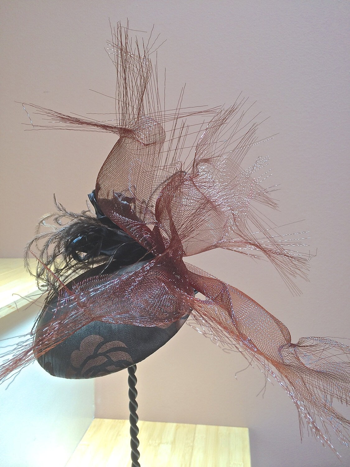 Black and tan leather fascinator, Goth headpiece, Royal Ascot hat, Race track hat-Cocktail Hat-Crinoline and Feathers-Goth Headpiece-Bespoke