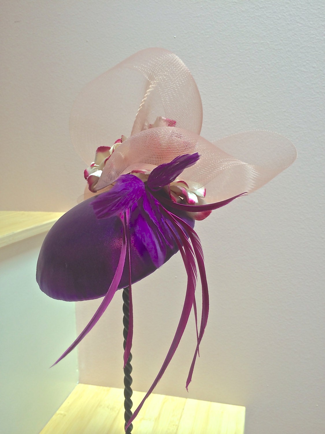 Radiant Orchid Fascinator, Purple fabric covered Fascinator with Crinoline and feathers, Wedding hat or Evening Cocktail Hat