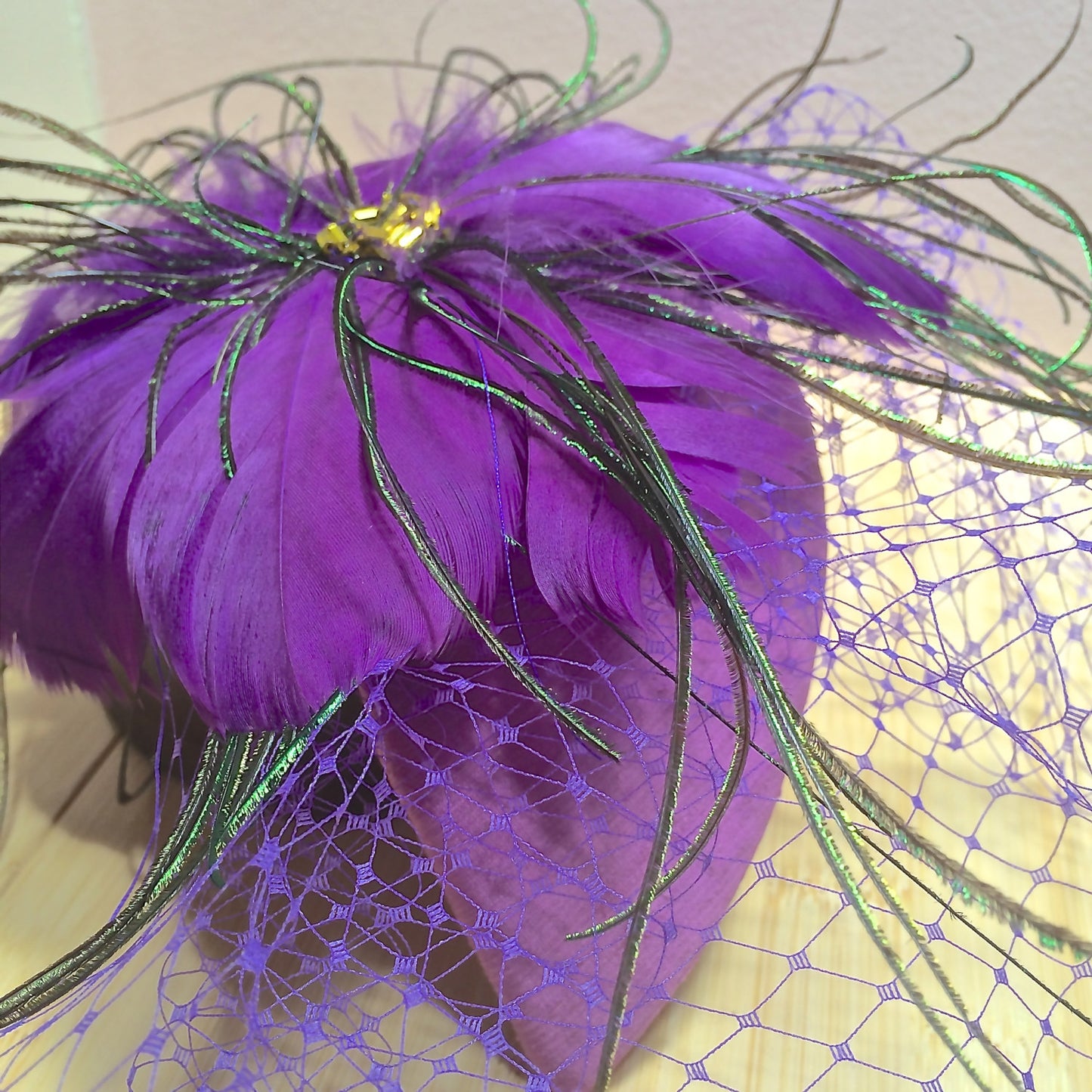 Purple Fascinator with feather, Purple Vintage French veiling. Wedding Percher- Evening Cocktail parties- Ascot-Polo Match-Brides Maids-
