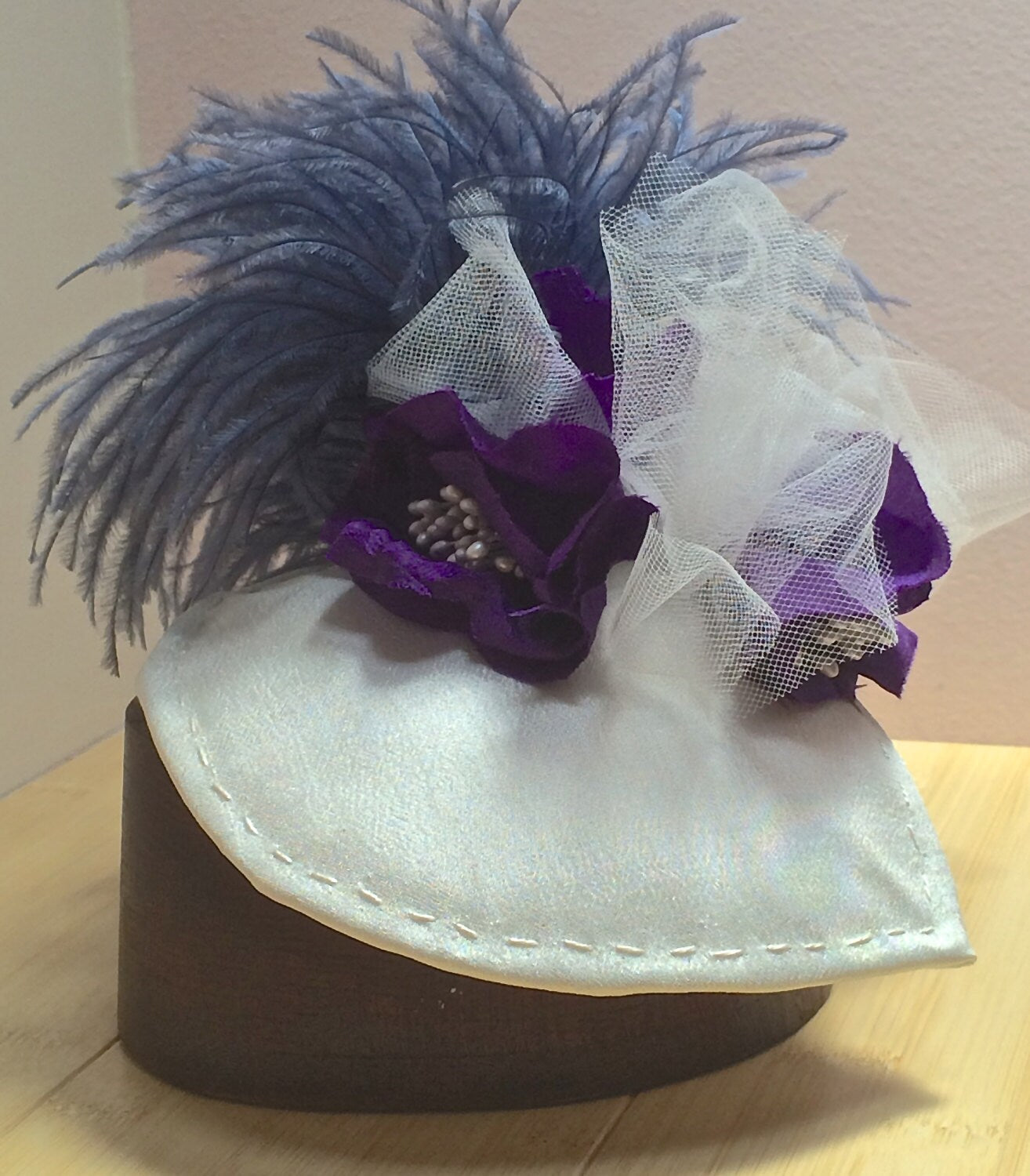 White Silk Fascinator, Wedding fascinator in Ivory, Purple and blue headpiece