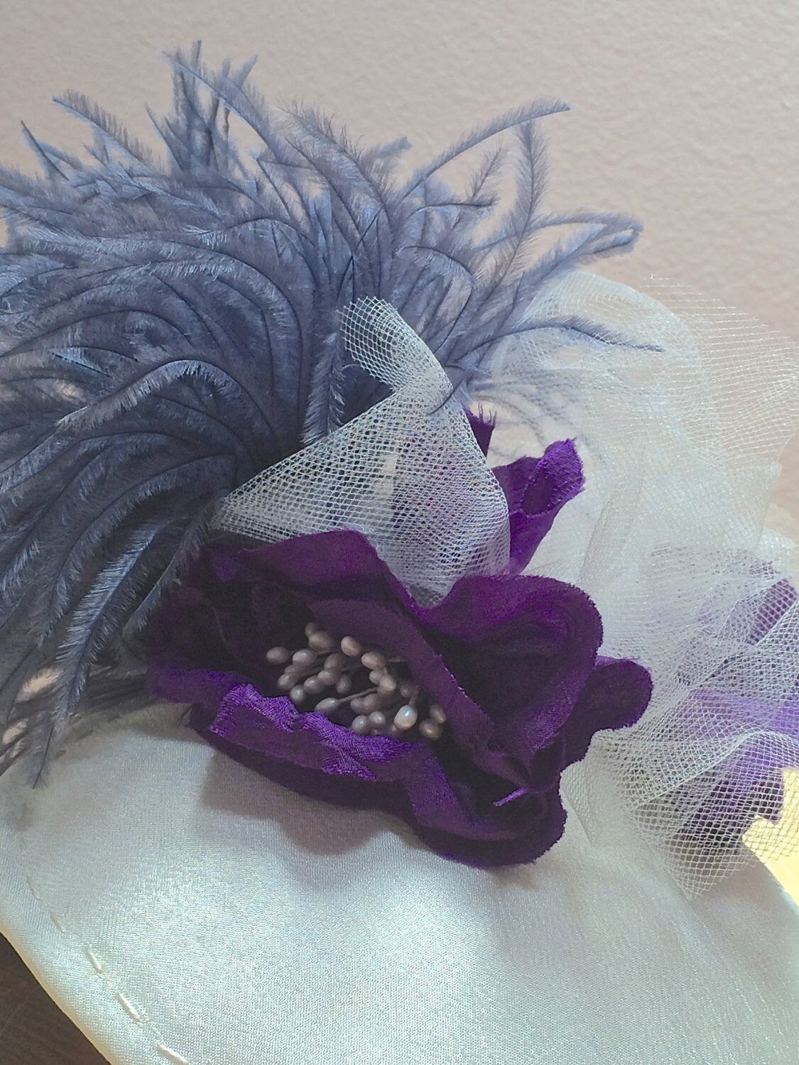 White Silk Fascinator, Wedding fascinator in Ivory, Purple and blue headpiece