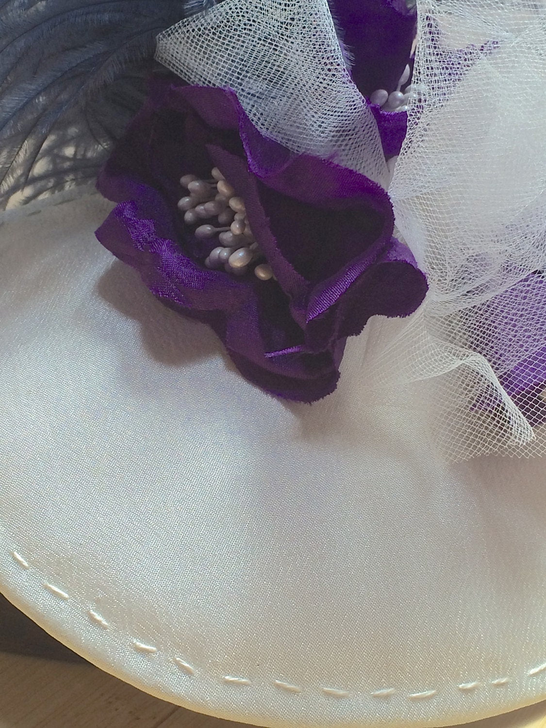 White Silk Fascinator, Wedding fascinator in Ivory, Purple and blue headpiece