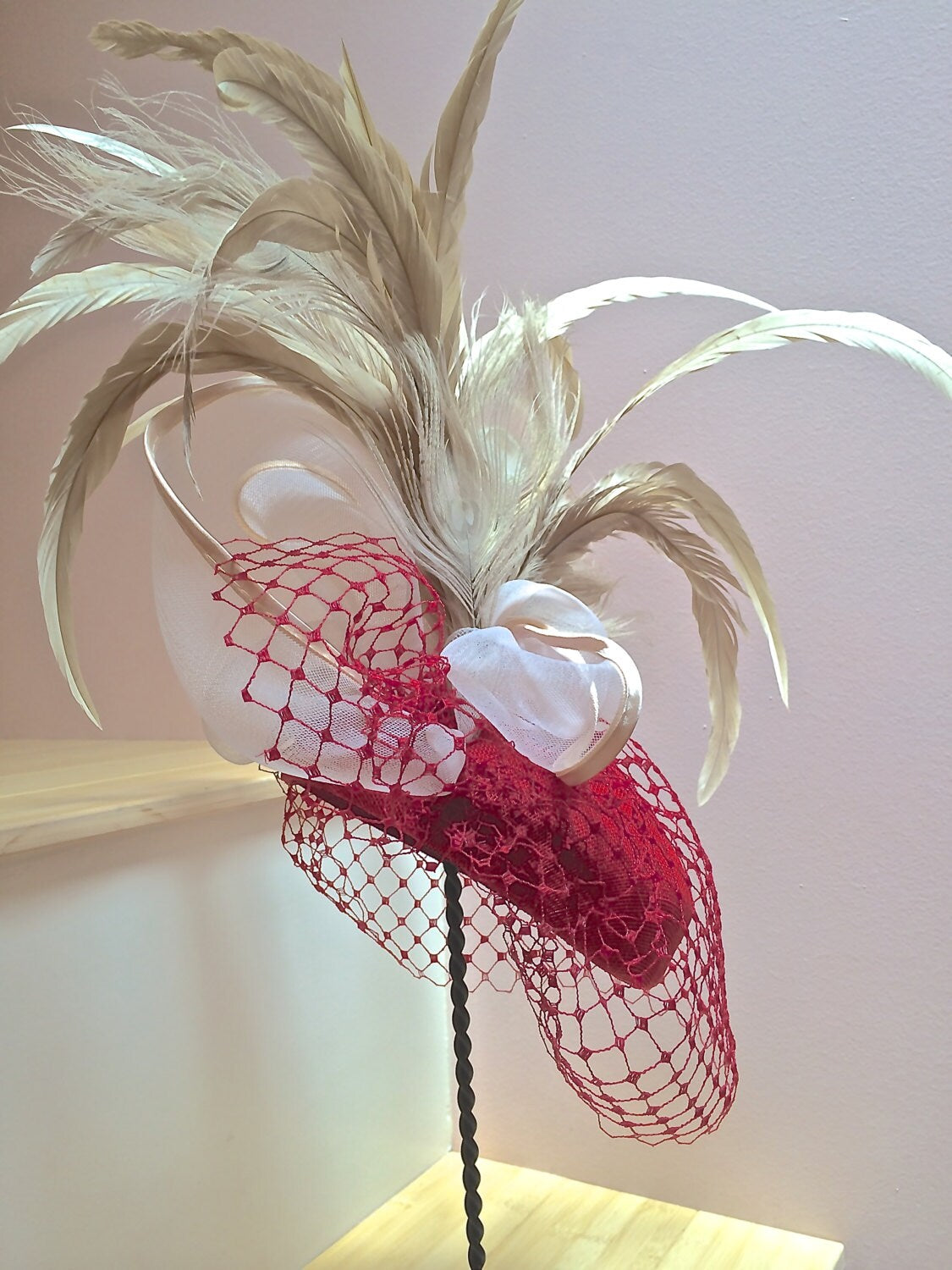 Red Sinamay hat with Feathers, Red Pill box hat, RED- Crinoline and Red Vintage Veiling, Church hat in Red, Mother of the Bride in Red.