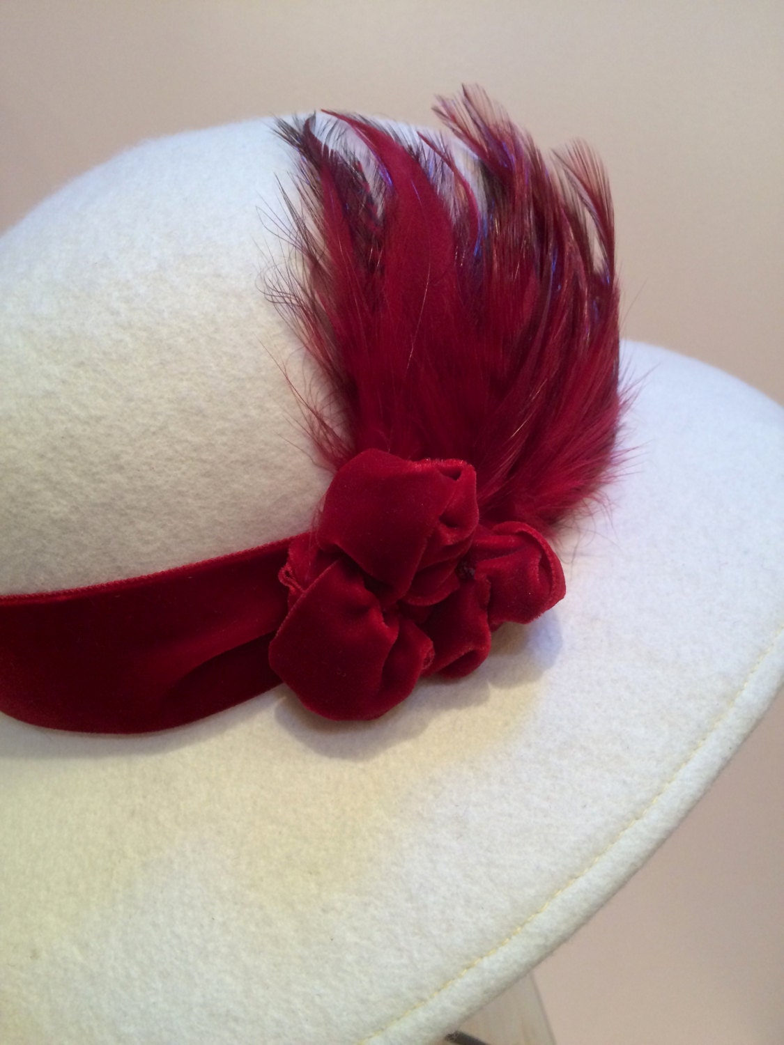 White wool felt hat, Hat with Deep Red Velvet Ribbon trim and Deep Red feathers, Valentine's Day Hat, Holiday Winter Hat-Chic-Christmas hat